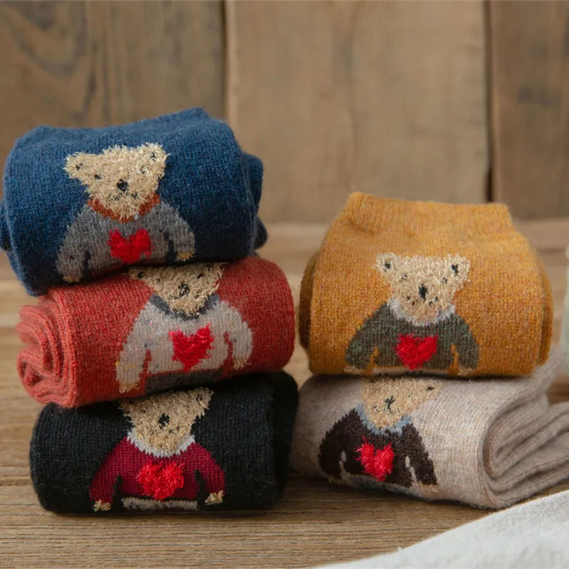 Wholesale Bulk Winter Cute Teddy Bear Cartoon Socks Women Comfy Warm Wool Crew Socks