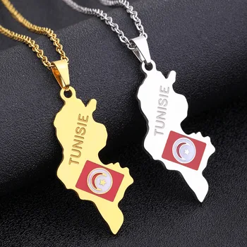 Enameled Tunisia Map Chain Necklaces Stainless Steel 18K Gold Plated Enamel Tunisia National Flag Map Pendant Necklace