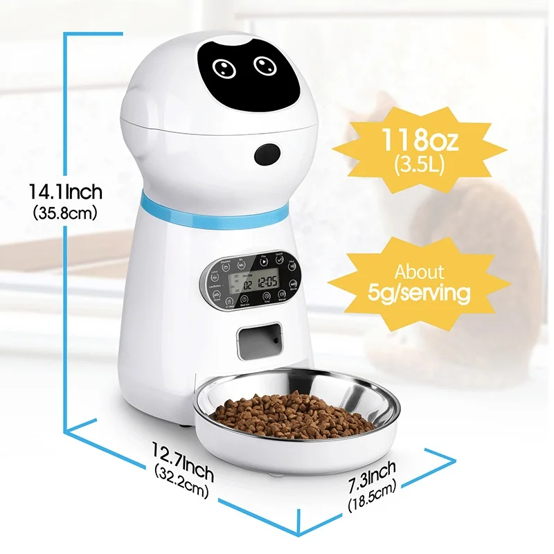 1pc Button Style Robot Automatic Pet Feeder Smart Food Dispenser For Dog  Cat Stainless Steel Bowl Timer Robot Pet Feeding Dispenser 3.5L