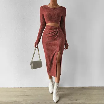 Women's Spring Autumn Knit Bodycon Dress Scoop Neck Long Sleeve Waist Twist Side Slit Casual Sweater Dress with Cutout Waist