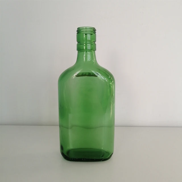 フラスコボトルウイスキーボトル350mlエメラルドグリーンガラス瓶