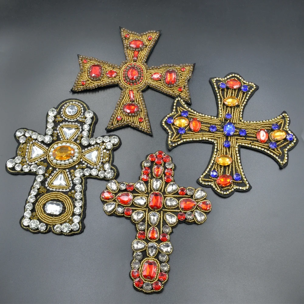 Small MOQ Jesus Cross Design Heavy Handmade Beaded Patch 