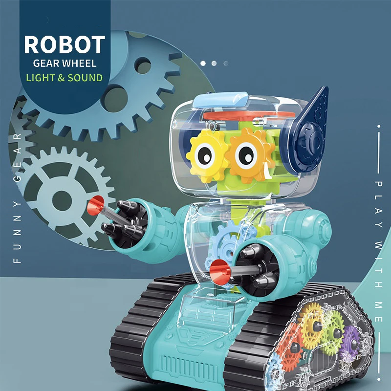 Arm Soft Bullet Shooting Universal Wheel Walking Light Transparent Gears Robot Toy for Kids