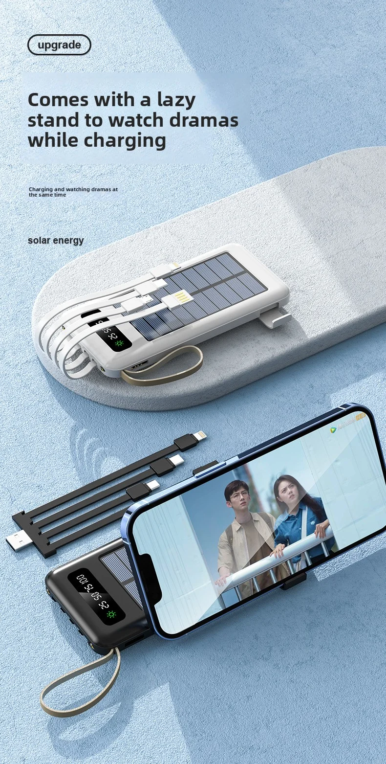 Top-Rated Portable Solar Power Bank with LED Display 4 Built-In Charging Cables LI-Polymer Battery-Best Seller