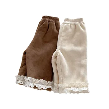 Girls Plus Velvet Casual Baby Pants Winter Kids Clothing Baby Solid Color Lace Girls Trousers