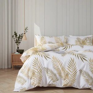 Hot Selling Bedding Soft White Gold Plants Leaves Pattern Microfiber Duvet Cover Set With Zipper for Home Double Queen King