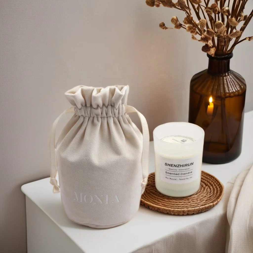 High Quality Round Bottom Candle up Cosmetic Packing Velvet Pouch Custom Logo Printed Velvet Drawstring Bag for Candle