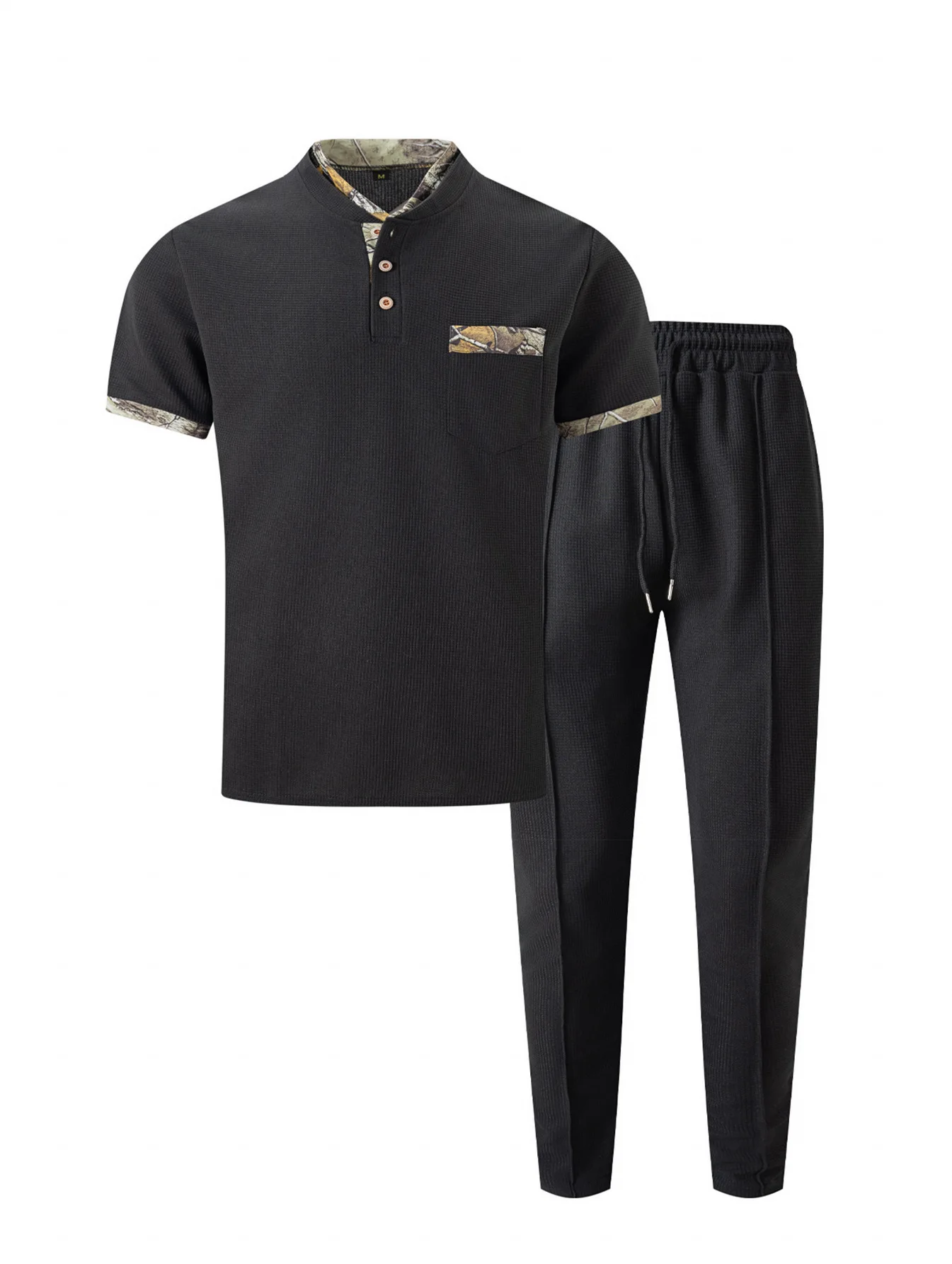 Men's Full Size Waffle-Knit Contrast Polo and Pants Set Plus Size main image 1