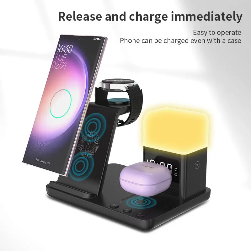 6 in 1 15W Fast Charging Magnetic Multifunction Wireless Charger with Alarm Clock Light LED Desk Lamp for iPhone Samsung Android