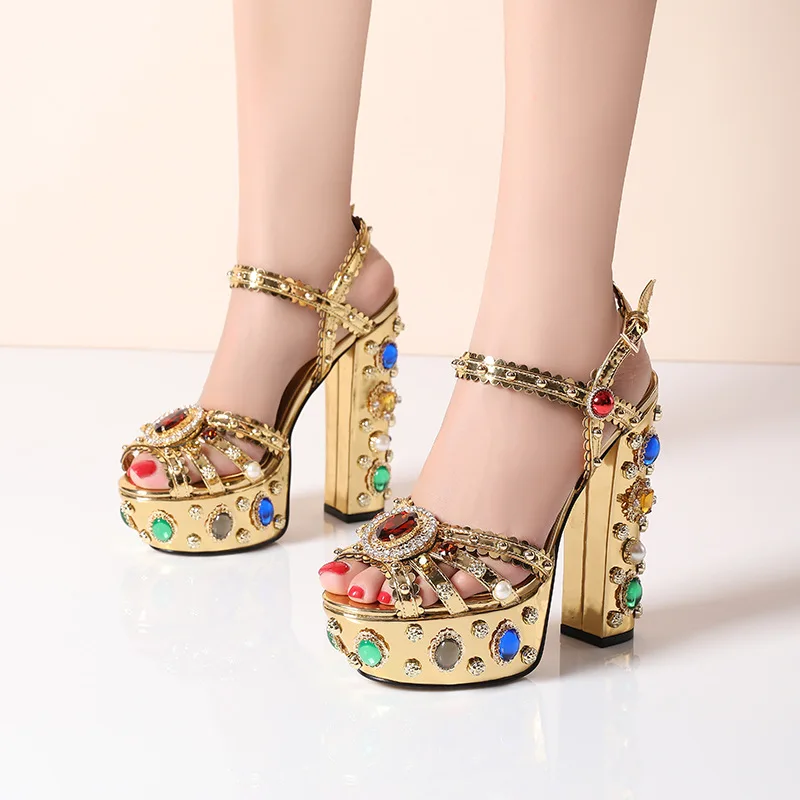 Gold Leather Ankle Strap Sandals Women 