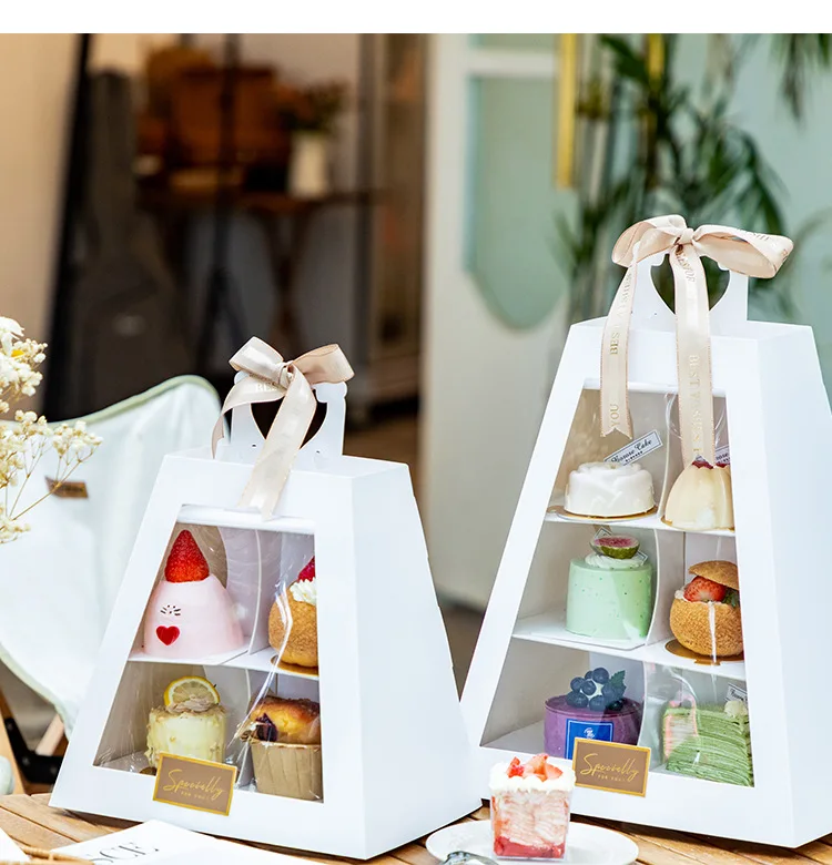 Customized White Food Recyclable Cake Box Multi Layer Trapezoid