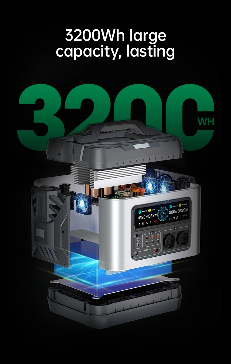 Back UP Solar Generator 3000W 3200Wh LiFePO4 Battery Outdoor Portable Power Station 3000W