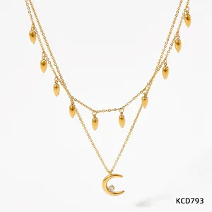 18K Gold Plated Teardrop and Moon Shape Pendant Necklace Tassel Multi-Layer Double Layers for Weddings with Zircon Main Stone