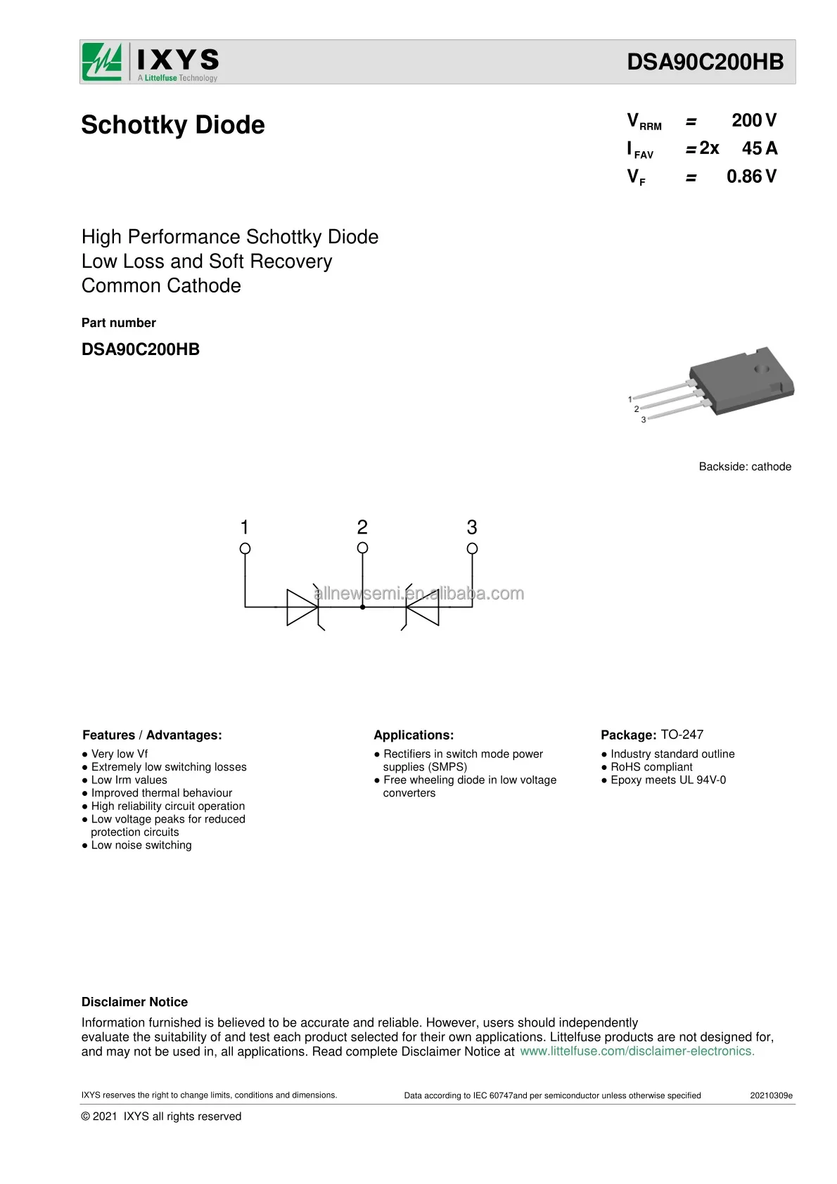 Hot sale Original DSA90C200HB DIODE ARR SCHOT 200V 45A TO247AD Diode Array 1 Pair Common Cathode 200 V 45A Through Hole TO-247-3