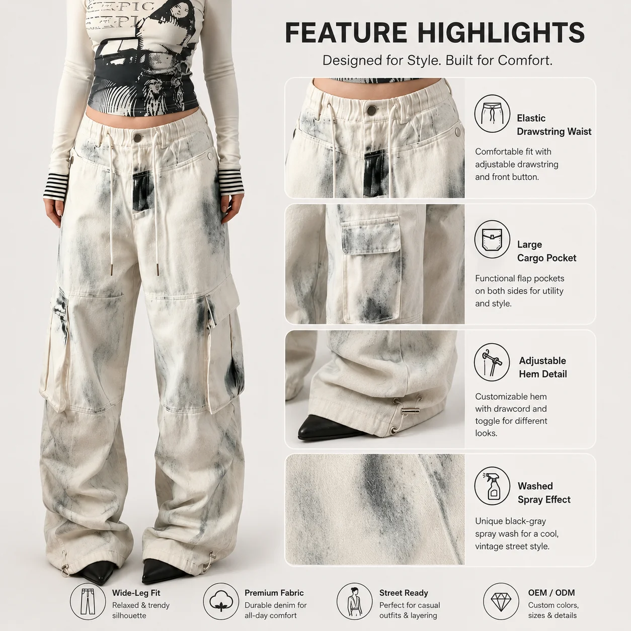 Women's Hip Hop Casual American Vintage Light Wash Denim White Cargo Jeans-Breathable Winter/Autumn/Spring