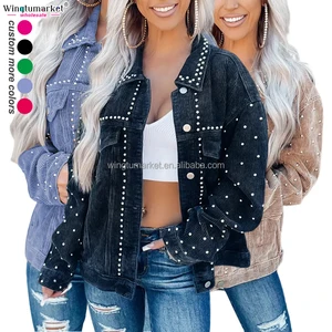Wholesale Winter Jacket Woman Vintage Coats Ladies Cowgirl Long Sleeve Metallic studded Corduroy Jackets for Women