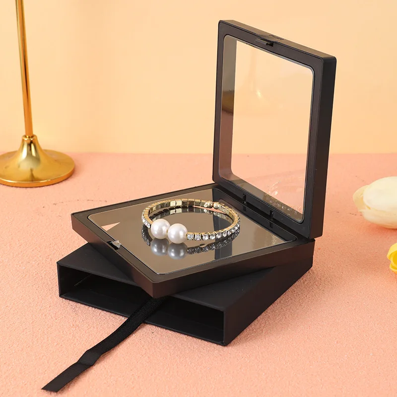 7x7 9x9cm Thin Suspension Frame Display case 3d Floating Transparent square PVC Plastic Pe Film Packaging Dustproof Jewelry Box