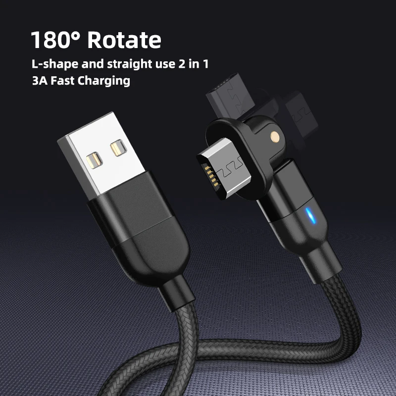 Оптовая продажа вращающийся на 180 градусов Micro USB кабель для передачи данных мобильного телефона USB-кабель быстрой зарядки нейлоновый