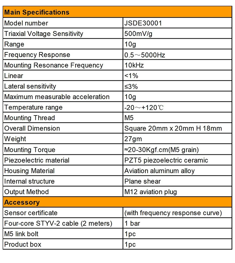 JSDE30001 Stainless steel Triaxial Acceleration Sensor IEPE (ICP) Isolated Vibration Frequency Measurement Three Way Pickups details