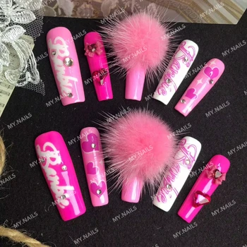 HY Tiktok Wholesale Custom Press On Nails Ballerina Medium Coffin Heart Pearl French Tip Nails Manicure Abs Stick On Nails