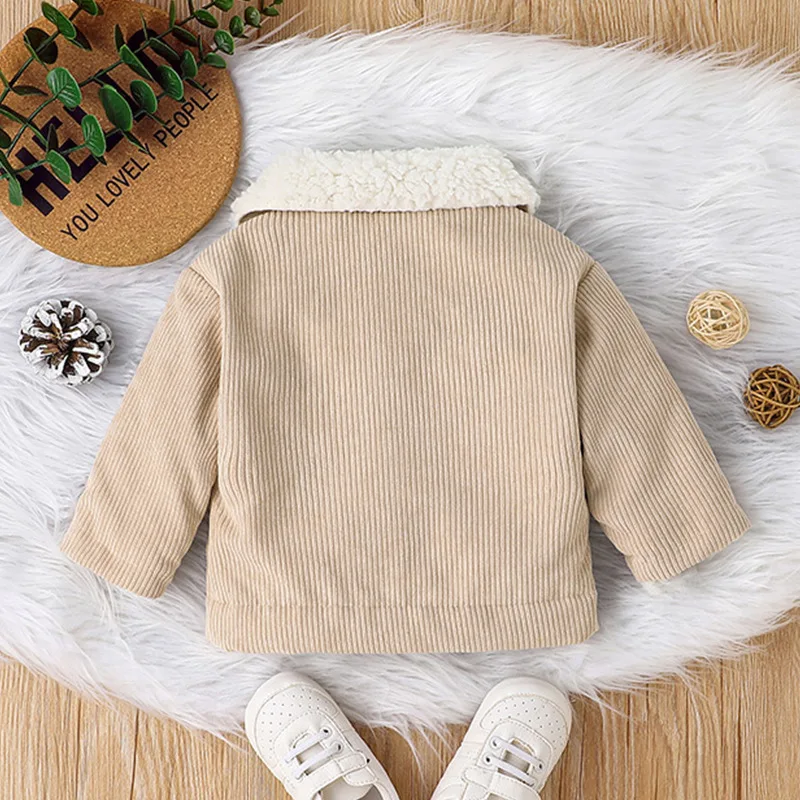 Q30812 plain fleece Baby Flap Detail Thermal Lined Corduroy Jacket Button Down Plush Children Coat Infant toddler