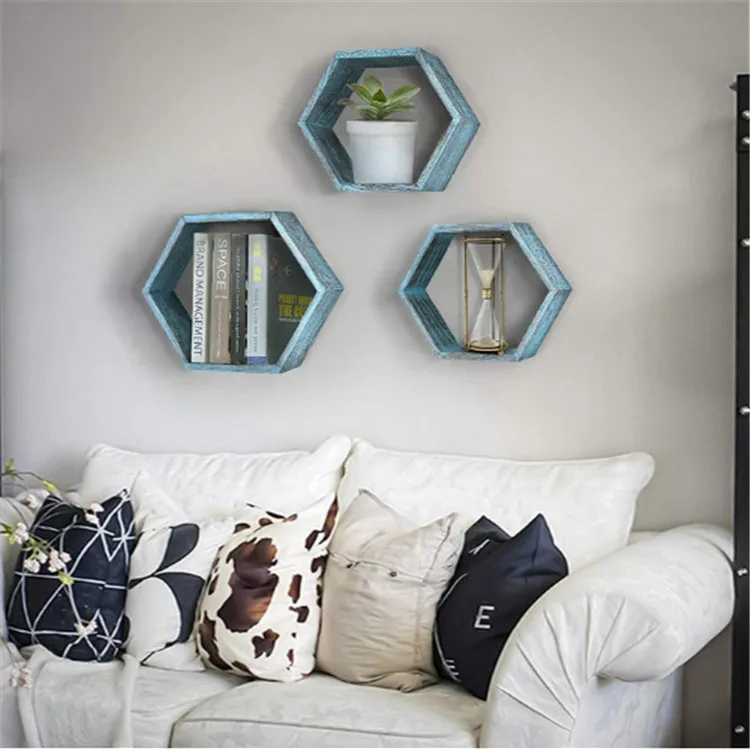 
 Лидер продаж на Amazon, винтажное деревенское украшение, деревянный дизайн, плавающий Шестигранная настенная полка  