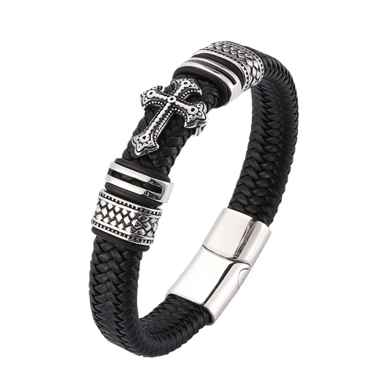 Men's Faith Bracelet for Men Cross Leather and Steel Cross Bracelet Religious Leather Bangle Wristband