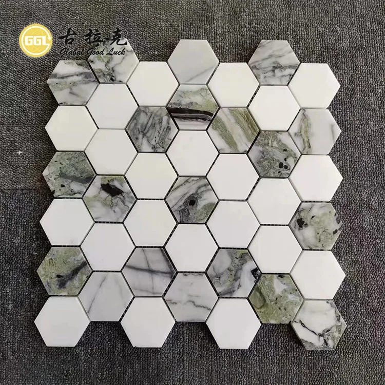 Hot Sale Ice Jade Green Mix Thassos White Marble Hexagon Bathroom Mosaic Tile Wall details