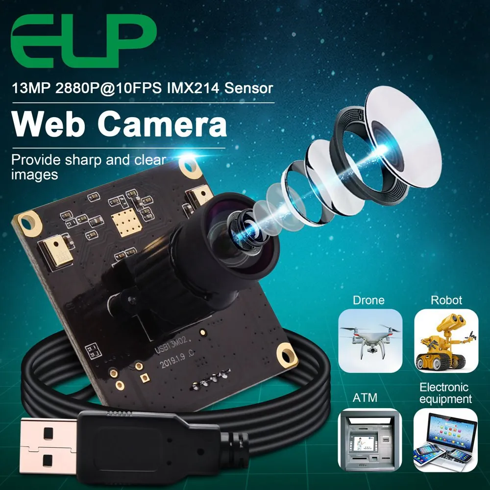 ELP Wide Angle Lens No Distortion 4k Webcam 13Mpixels CMOS IMX214 UVC HD  Mini USB Camera With MIC