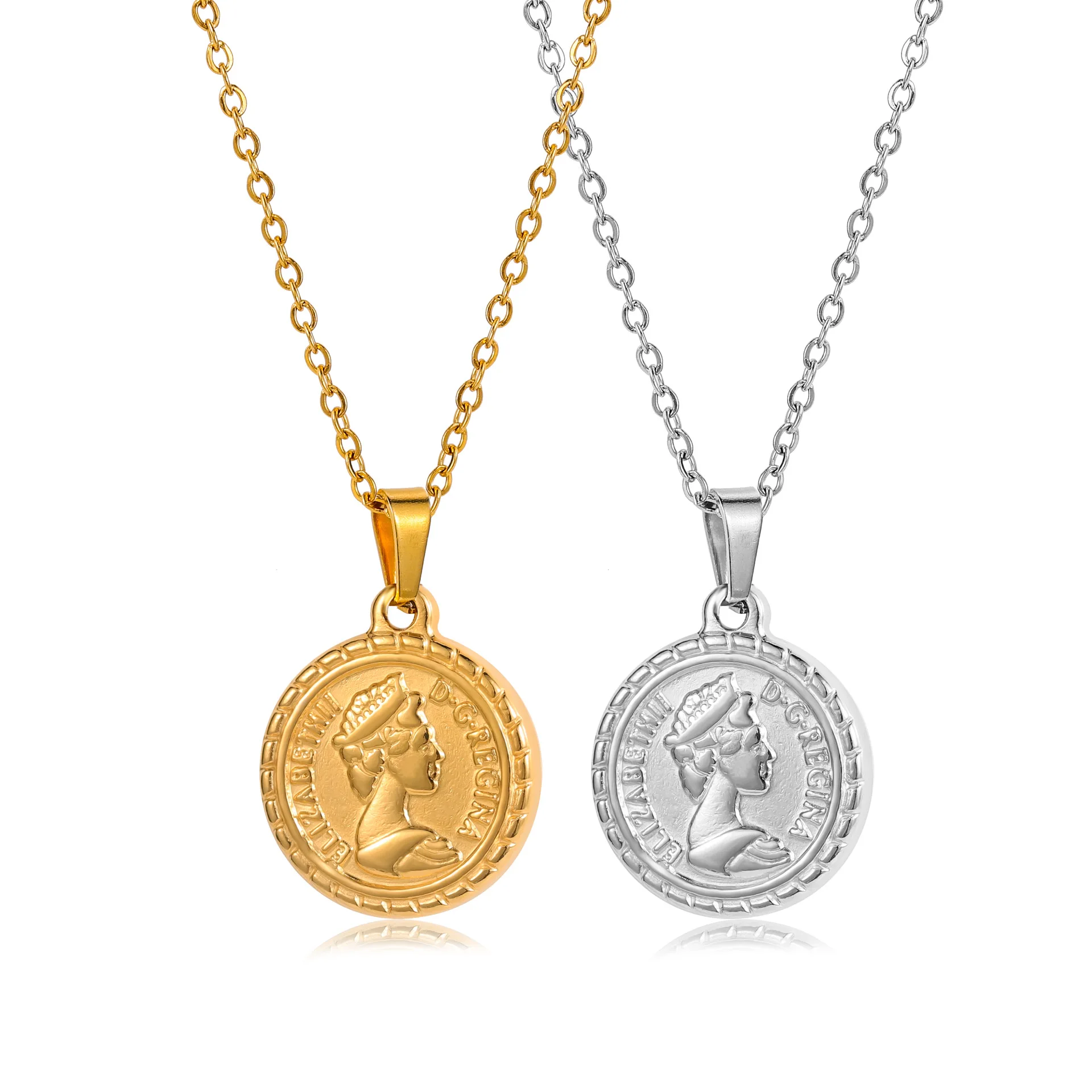 Collier Long Portrait Reine Elizabeth – Chaîne En Acier Inox – Pendenteif Tendance – Neuf Avec étiquettes