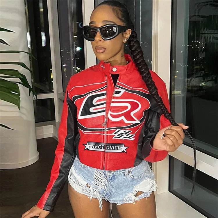 ジャケット・アウター 2000's short length riders jacket y2k Red Moto Y2K Leather Jacket - Cool Girls Zip Letter Embroidered