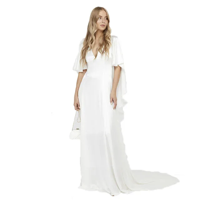 Wholesale Portable V Neck Heavy Satin Women Evening Elegant Sexy Long White Dress