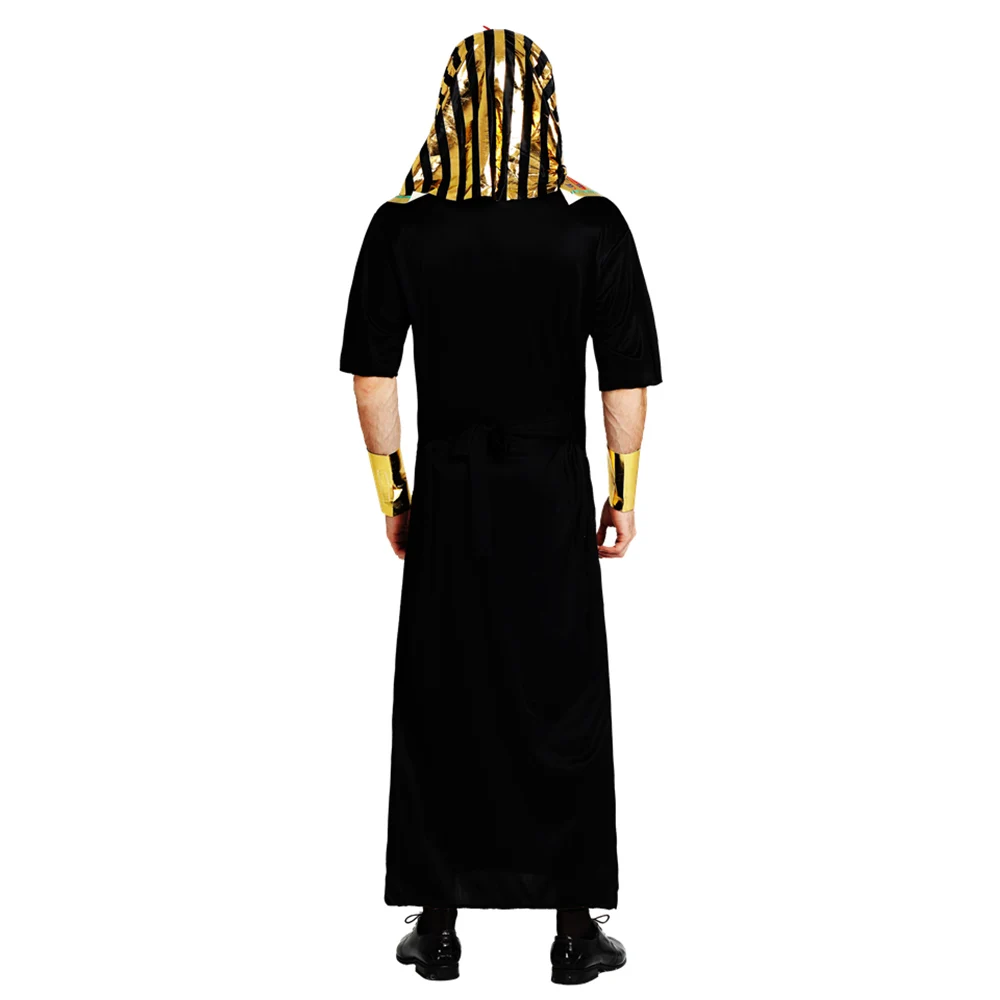 Disfraz De Faraón Egipcio Para Hombre – Túnica Negra Con Detalles Dorados, Talla S/M, Incluye Tocado