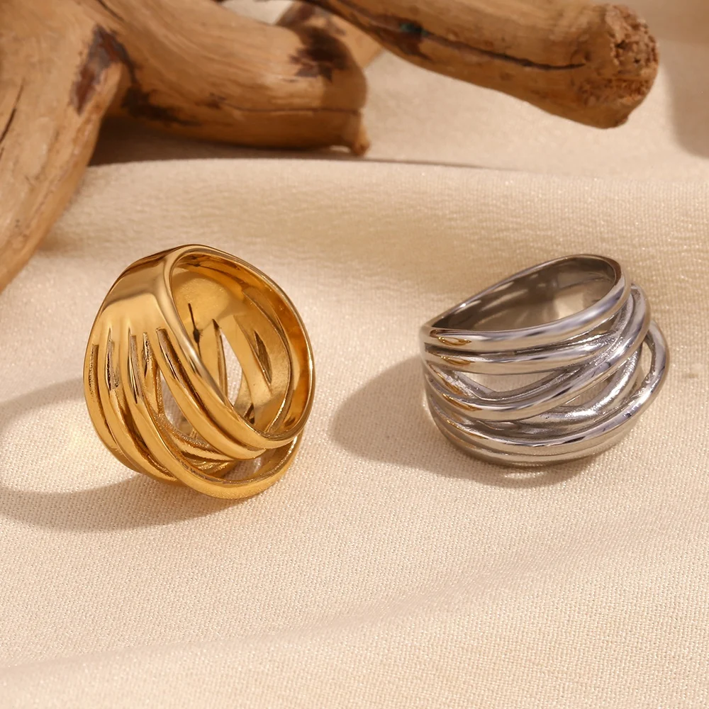 Summer 2024 Irregular Woven Signet Ring 18k Gold Plated Statement Jewelry Stainless Steel Titanium Jewelry