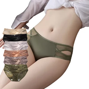 Luxury Satin Women's Underwear French Lace Triangle Briefs Sexysheerlingene Semi-Transparent Comfortable Waist for Ladies