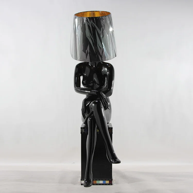 Fashional Window Display Model With Lamp Shape Head Black Female Women Sitting Mannequin