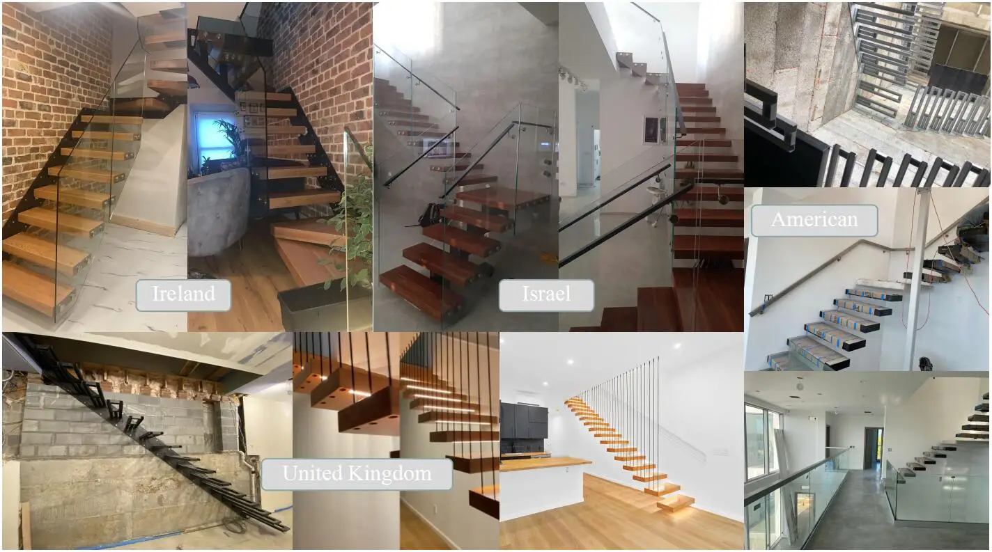 Floating modern staircase indoor invisible steel stringer wood stairs with glass railing factory