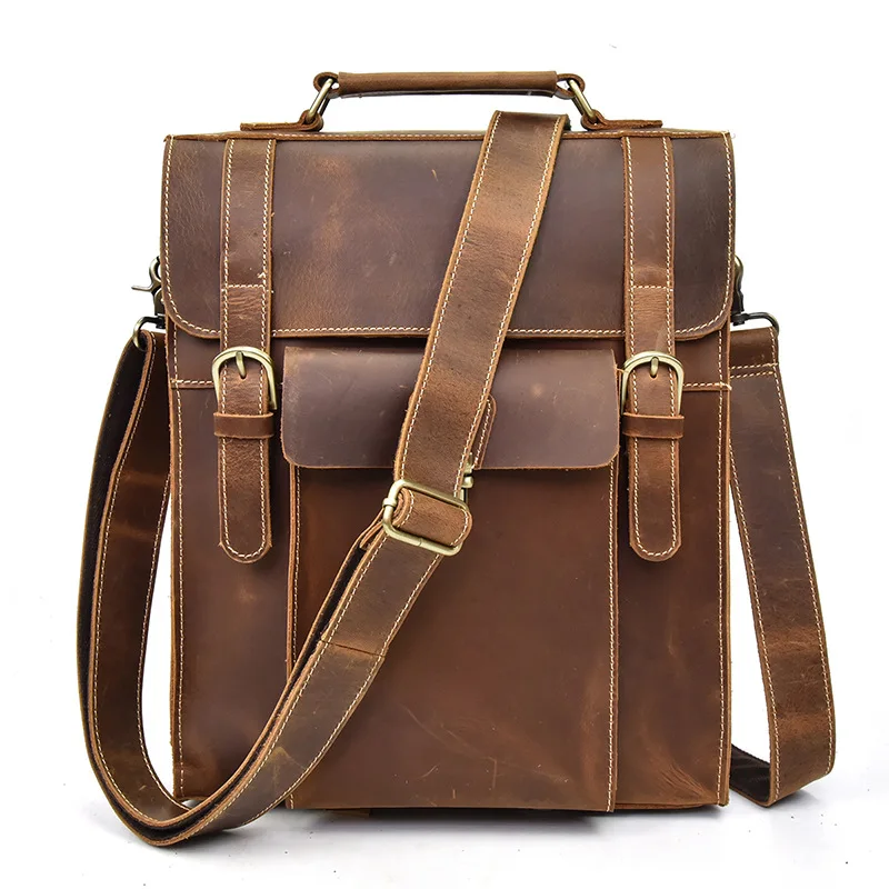 Quality No Label Multi Flap Backpack Vintage Brown Cowhide Leather Backpack for Men
