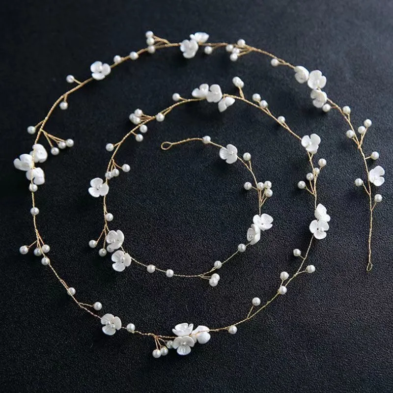 Модные женские украшения для волос с цветами и стразами с белым жемчугом длинные филиал Свадебная повязка на голову головные уборы Свадебные украшения