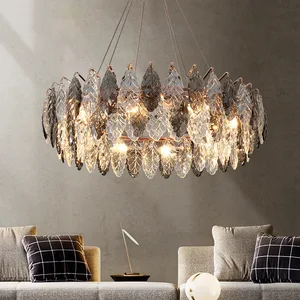 High Grade Decoration Drop Light Art Decor Living Room Elegant Modern Luxury Gray Crystal Leaf Chandelier