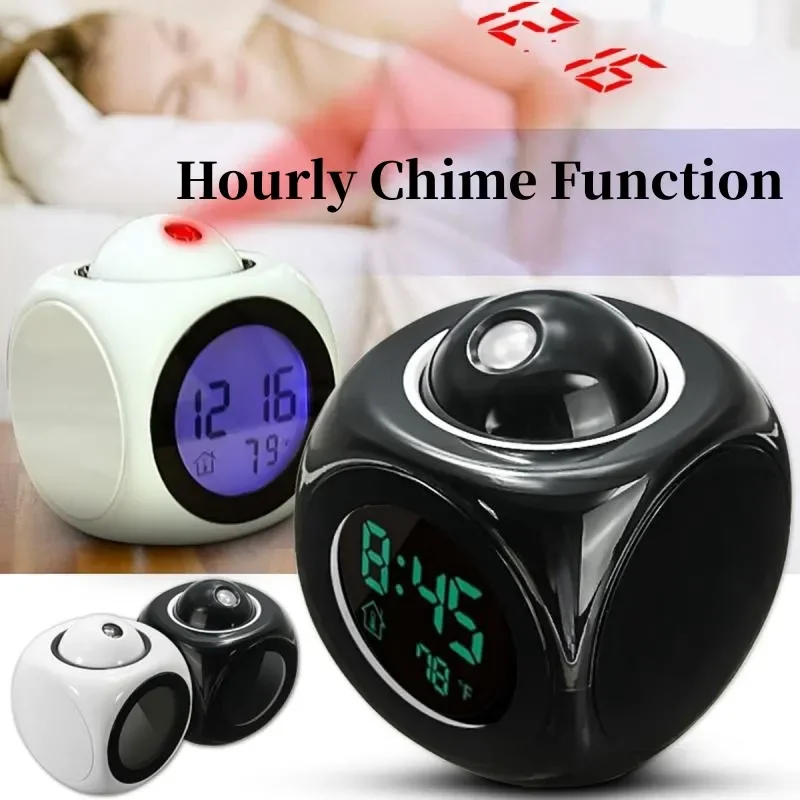 Hourly Chime Digital Projection Clock Time Temperature Backlight Loud Music Alarm Clock Snooze 12/24H USB Projector LCD Clock