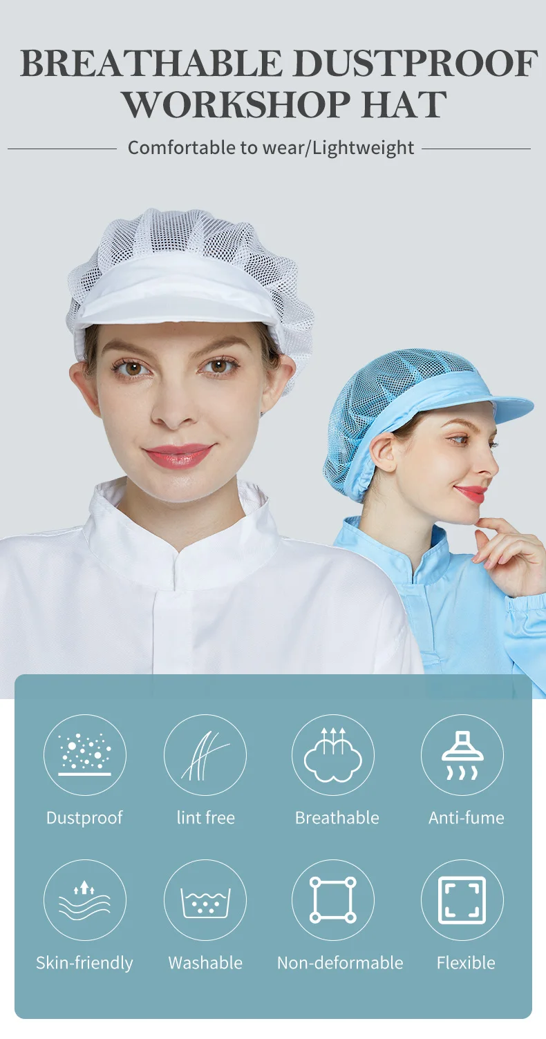 KL-3011 Breathable Food Processing Hat with Polyester-Cotton Mesh for Dustproof Protection in Blue and White One Size Fits All