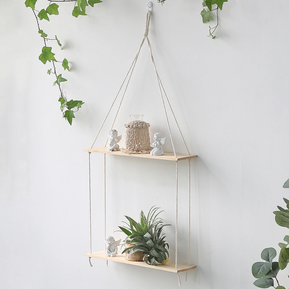 Artilady  3 Tier Layer Macrame Wood Wall Hanging Shelves Plant Decor Boho Floating Shelf for Bathroom