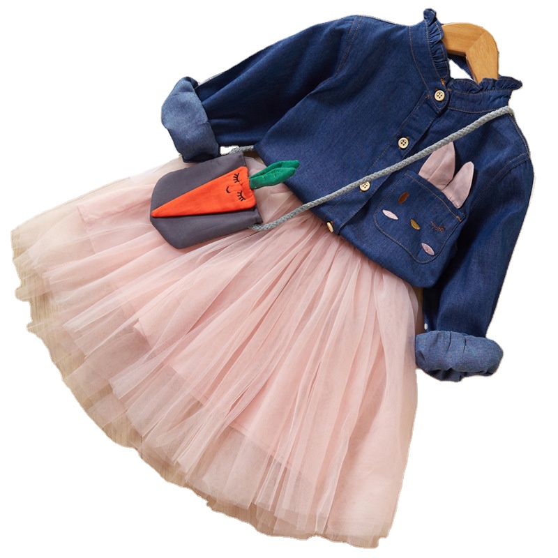 253 платье для девочек; Новинка; Осенняя Модная стильная одежда с персонажами из мультфильмов, комплект: джинсовая рубашка + сетчатая кружевная юбка комплект одежды из 2 предметов, костюмы для девочек, детский зимний комбинезон комплект детской одежды с р