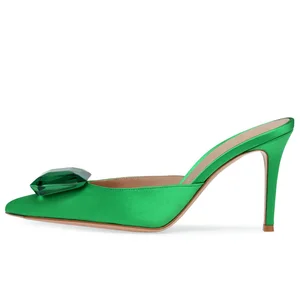 Custom Luxury Diamond Slip on Closed Toe Heel Sandals Women Stoned Half Shoes Pump Mules 2023