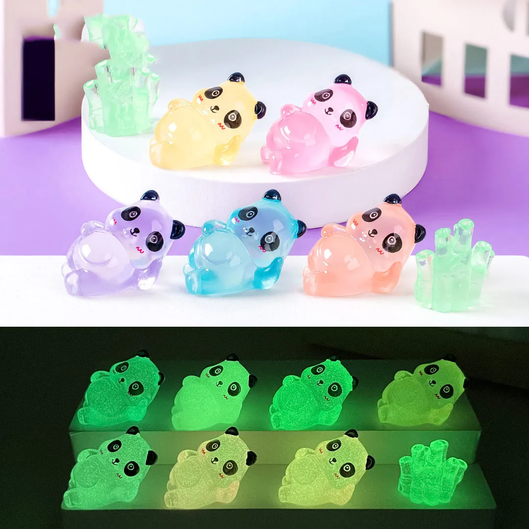 56 Mini Panda Luminosi Al Buio Con 8 Bambù – Figure In Resina Per Decorazione Torte, Terrari, Fai Da Te – Multicolore