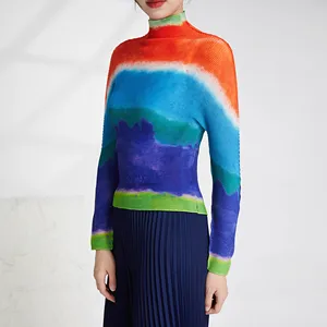 2025 Summer Miyake Latest Design Fashion Print Gradient Color Long Sleeve Top Women's Slim Fit Stretch Pleated T-shirt