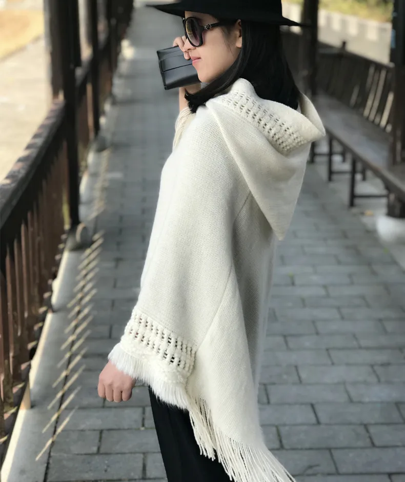 oversized fashion knit tassels cloak capes phocho sweater  scarf Knitted hooded cape shawl