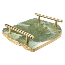 custom gold handle engraved logo agate stone tray slice stone tray, crystal stone candle marble tray