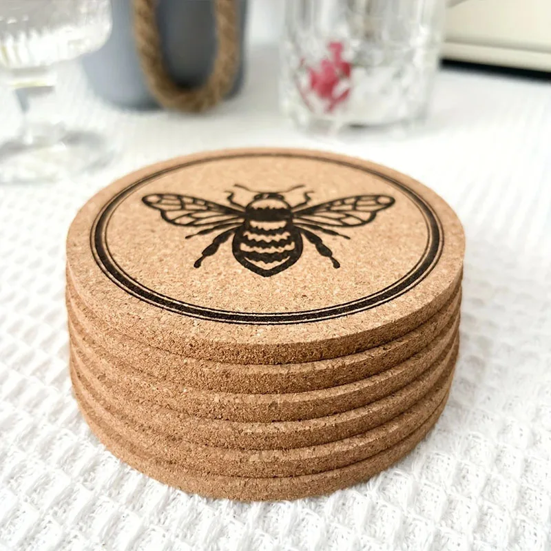 Natural Cork Coaster With Bee Print Eco Friendly Heat Resistant Drink Cup Mat product detail 3